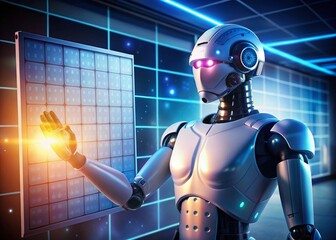 Futuristic Robot Promoting Annual Subscription Plan with Pointing Gesture