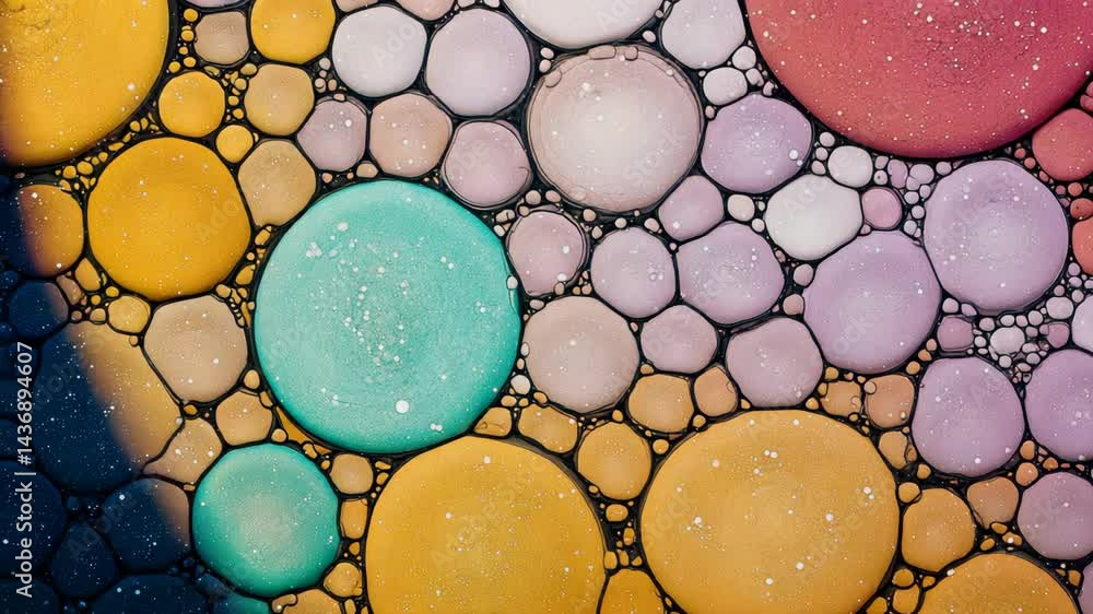 Poster macro photograph of colorful rounded shapes in pastel tones, showing a cluster of abstract geometric
