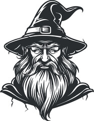Black and white illustration of a mystical wizard with a long beard wearing a pointed hat and cloak