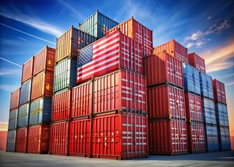 Fototapeta premium Global Trade War: Stacked Cargo Containers, US-China Tensions, High Depth of Field