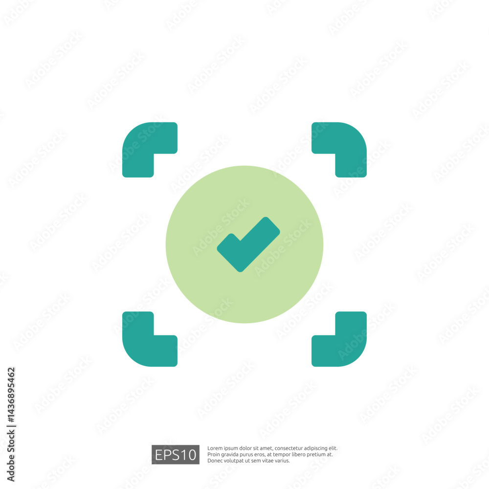 Poster universal checkmark icon representing law and judgement with symbolic elements of approval and verif