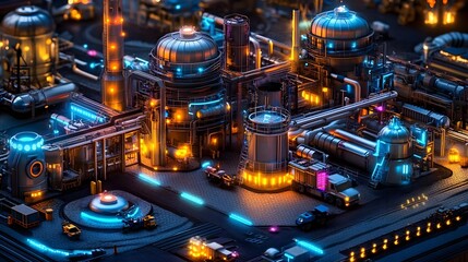 Fototapeta premium Colorful and Detailed Model of an Industrial Facility at Night