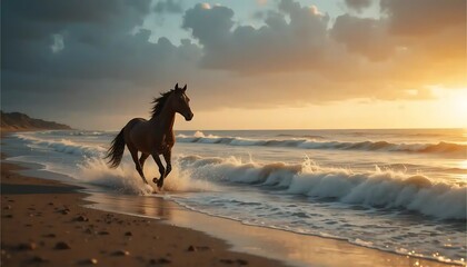 Horse Running on Beach at Sunset with Waves and Dramatic Sky
