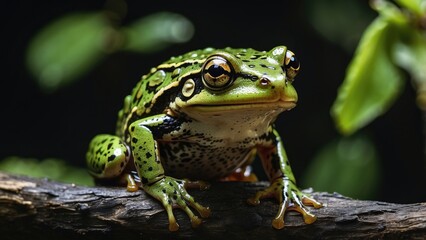 Fototapeta premium Green Tree Frog on Branch – Nocturnal Amphibian in Natural Habitat