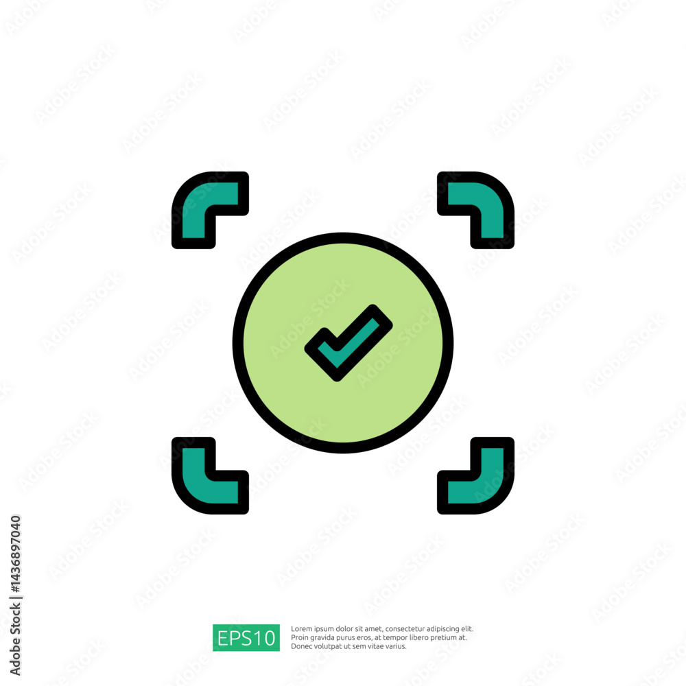 Poster icon representing law and judgment featuring a checkmark within a circle surrounded by validation sy