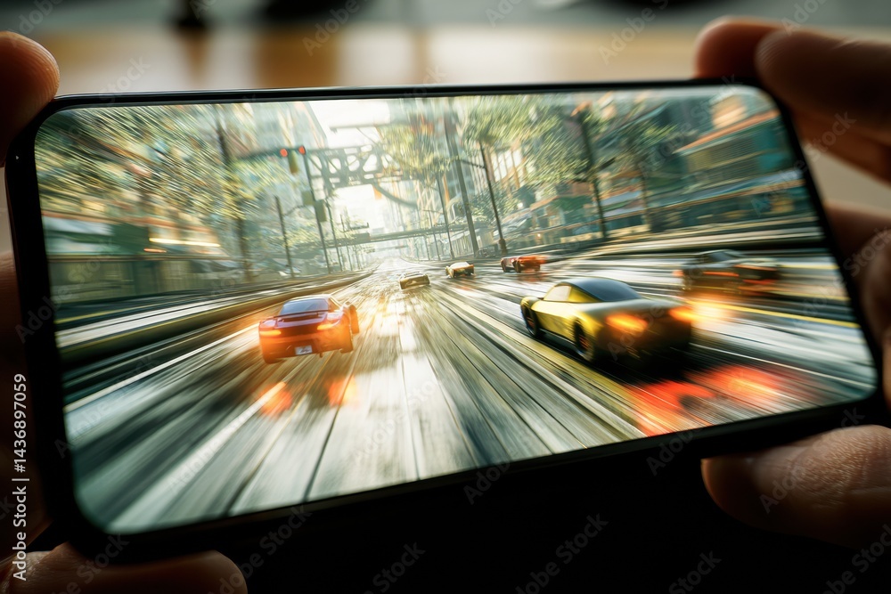 Poster gaming smartphone displays racing game with dynamic motion trails and vivid graphics during an immer