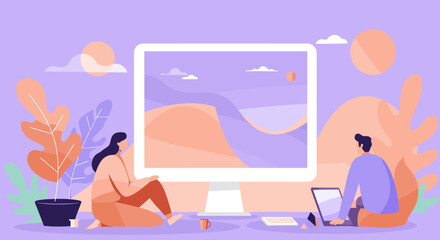 Obraz premium Two creative people working on digital projects while sitting in a cozy outdoor setting with a giant computer screen displaying a colorful landscape