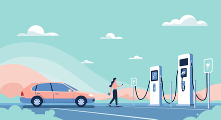 Woman arriving at modern electric vehicle charging station under a clear sky, preparing to recharge her eco-friendly car during a road trip