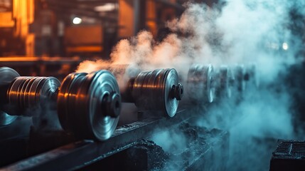A close up view of metal rollers on a conveyor belt with steam rising in an industrial setting