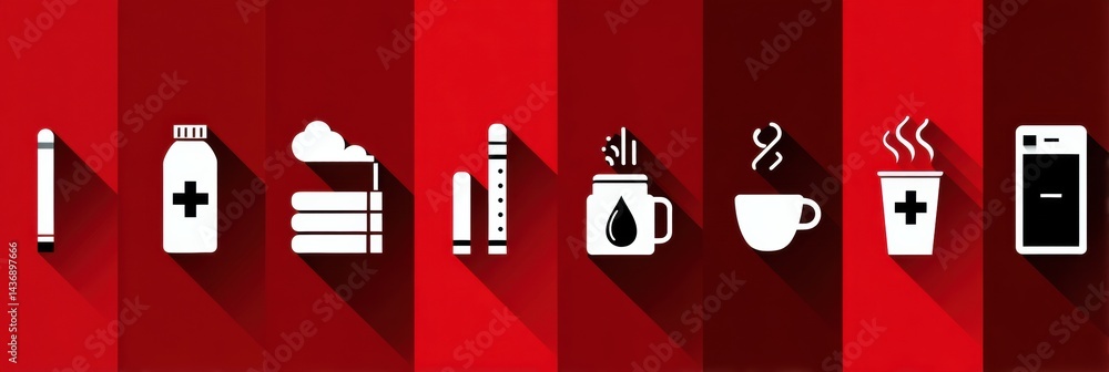 Aufkleber Health Impacts From Smoking Illustrated Through an Icon Set on a Bold Red Background Highlighting Various Effects and Associated Items