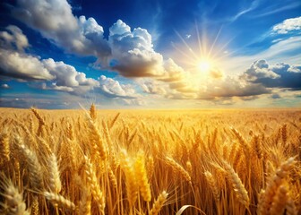 Fototapeta premium Golden Wheat Field, Blue Sky, Fluffy Clouds - Stunning Rural Landscape Stock Photo