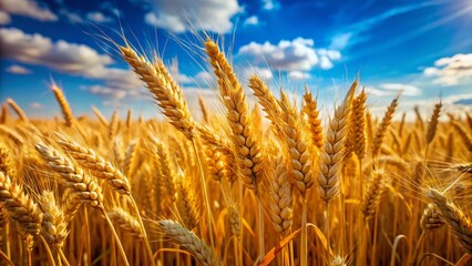 Golden Wheat Field Close-Up: Organic Farming, Ripe Wheat Stalks, Blue Sky
