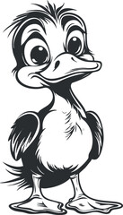 Black and white cartoon illustration of a cute young duck standing with big expressive eyes and a friendly smile.