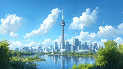 Naklejka premium Digital illustration of a city skyline with a prominent tower.