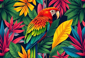 Fototapeta premium Abstract parrot & tropical plant seamless pattern Bold colors, exotic shapes, modern art style, stylish, graphic