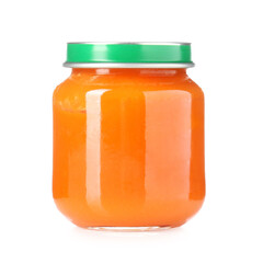 Baby food. Tasty puree in glass jar isolated on white