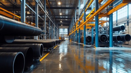 Industrial interior with rows of large black pipes and overhead yellow and blue support structures