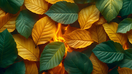Obraz premium Autumn leaves ablaze vibrant yellow and green foliage fire