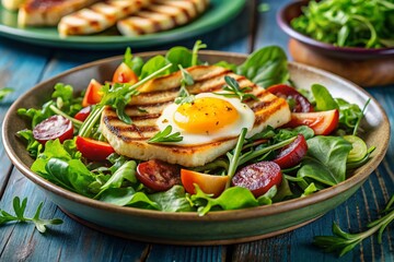Grilled Halloumi & Bacon Salad with Fried Egg - Summer Recipe