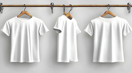 Three blank white t-shirts on wooden hangers.