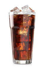 Glass of cola with ice cubes isolated on white
