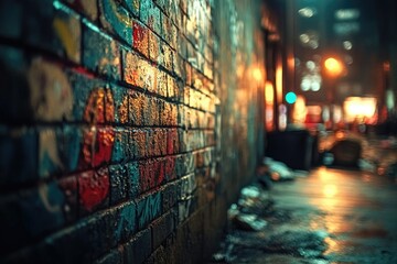 Obraz premium A graffiti-covered brick wall in a dark, urban alleyway at night, illuminated by distant lights.