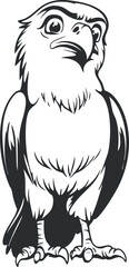 Naklejka premium Black and white illustration of a fierce hawk bird standing with detailed feathers and sharp talons