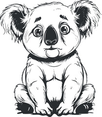 Black and white sketch of a cute baby koala sitting with big eyes and fluffy ears isolated on white background