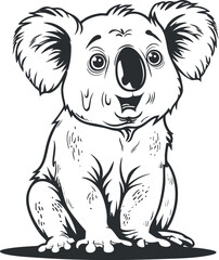 Black and white cartoon illustration of a cute, happy koala sitting with big ears and expressive eyes