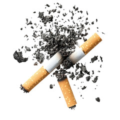 Broken cigarettes with scattered ash symbolizing the end of smoking habits in a stark, impactful setting on transparent background