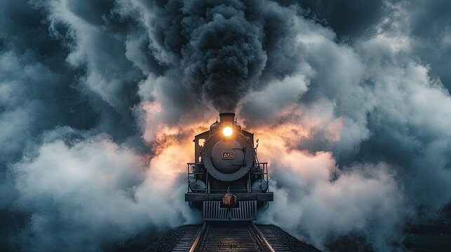 A stunning image of dramatic front view of a vintage steam train chugging through billowing clouds of smoke, evoking a sense of nostalgia and adventure.