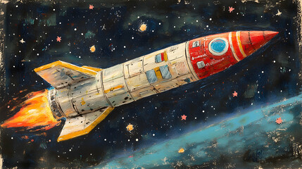 Retro rocket soaring through space leaving fiery trail near planet