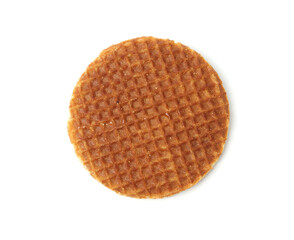 One tasty round waffle isolated on white, top view