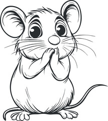 Black and white cartoon illustration of a cute mouse with big eyes and ears, showing a playful gesture.
