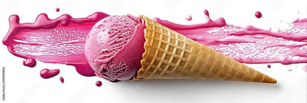 Poster delicious ice cream cone with pink scoop featuring a smooth dripping texture on a white background