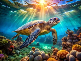 Fototapeta premium Hawaiian Green Sea Turtle in Vibrant Coral Reef with Bokeh, Underwater Wildlife Photography