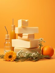 Stacked White Soap Bars with Flowers and Citrus on Yellow Background