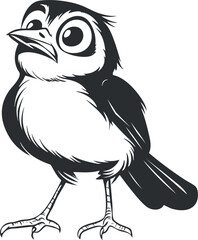 Black and white cartoon illustration of a small cute bird standing with large eyes and detailed feathers