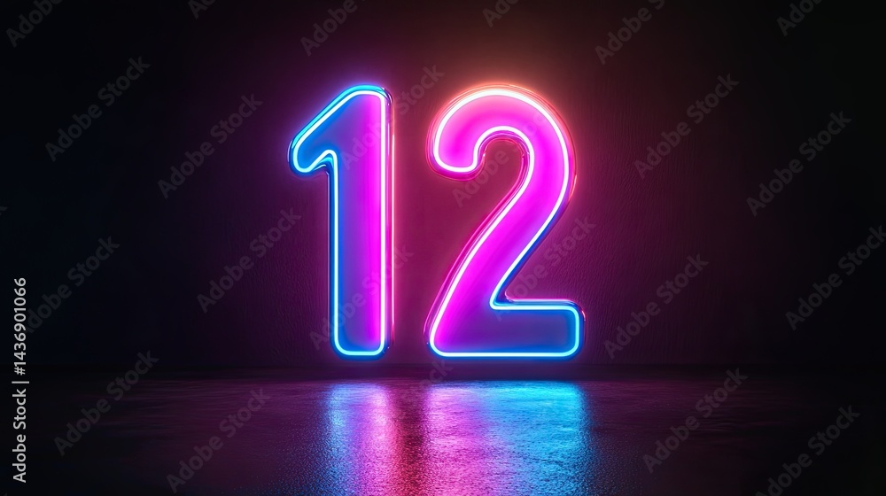Poster a stunning image of glowing neon number one two three on dark surface with reflection showing retro 