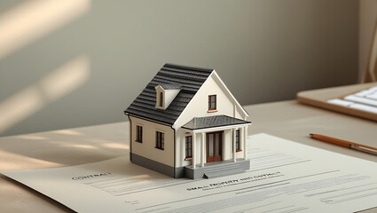 Small model house on real estate documents in a neutral office setting with natural lighting, true-to-life representation