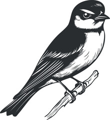 Black and white illustration of a small bird perched on a branch with detailed feathers and beak