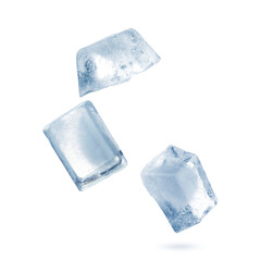 Clear ice cubes falling on white background