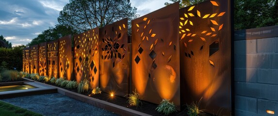 Illuminated corten steel fence panels present geometric cutouts and modern landscape design with dramatic evening lighting.