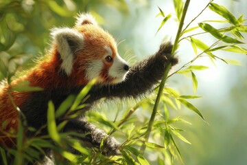 Fototapeta premium Bamboo Canopy Charm: Red Panda Climbing in Dappled Sunlight (4K Ultra-Detailed Wildlife Photography)