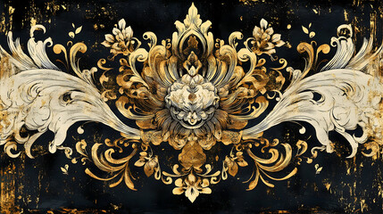 Ornate golden and white decorative design on a dark background.