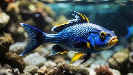 Blue Tang Fish Swimming in Coral Reef Underwater Scene