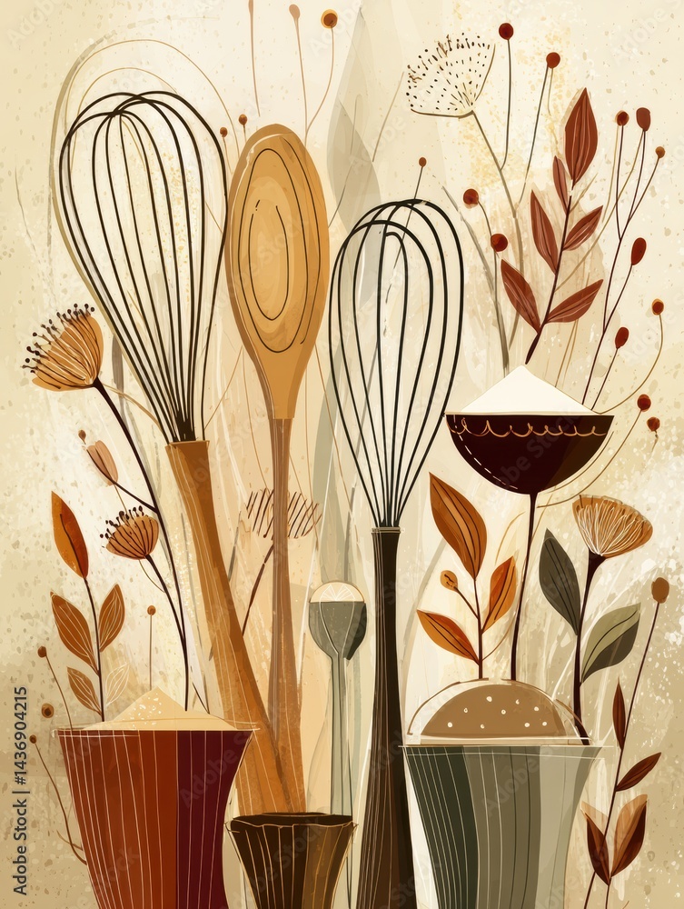 Poster whisking together flour and sugar with elements of a charming bakery in a whimsical, stylized floral