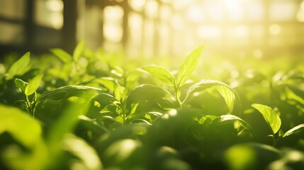 Naklejka premium Close up of vibrant green seedlings illuminated by bright sunlight in a greenhouse setting