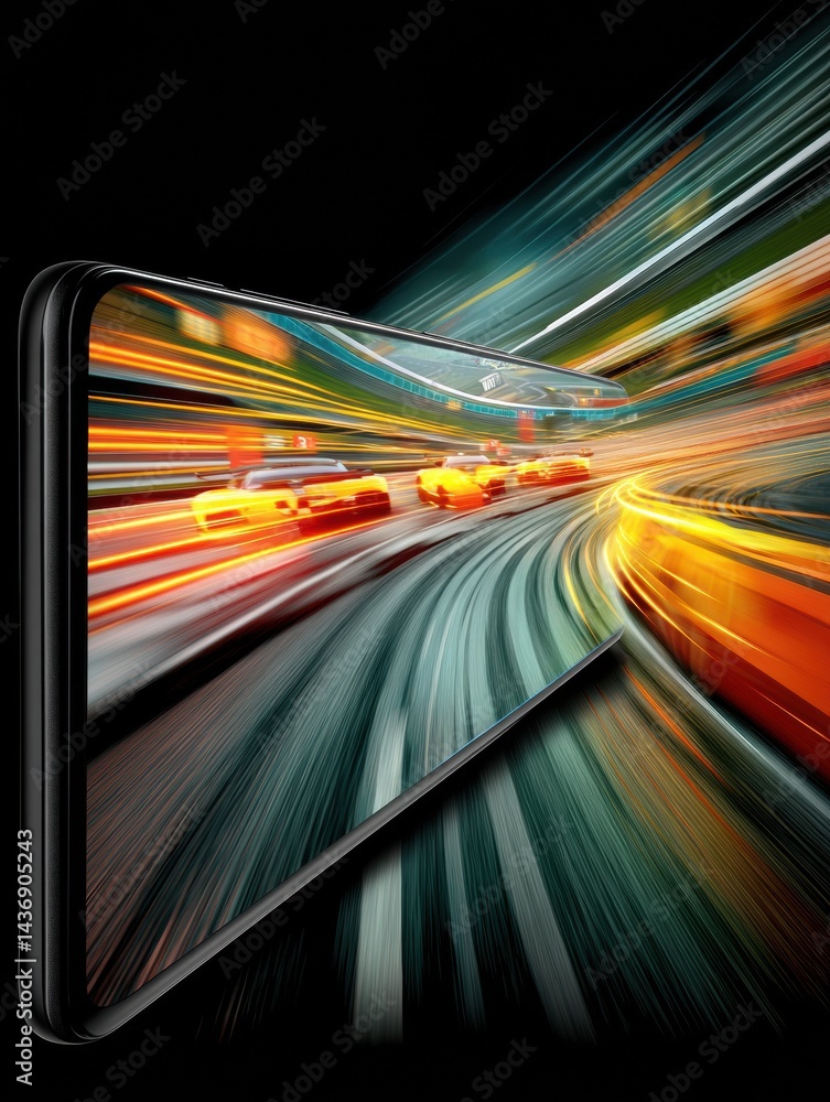 Poster experience intense racing gameplay on a futuristic smartphone with dynamic motion trails and vibrant