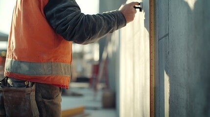 Construction Worker Measuring Wall